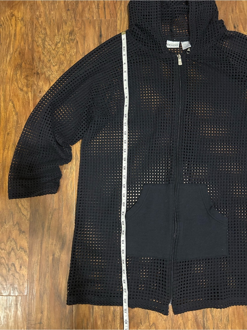 Black Hooded Zip-Front Swim Coverup Mesh Full Zipper Resortwear Vacation - Picture 7 of 9
